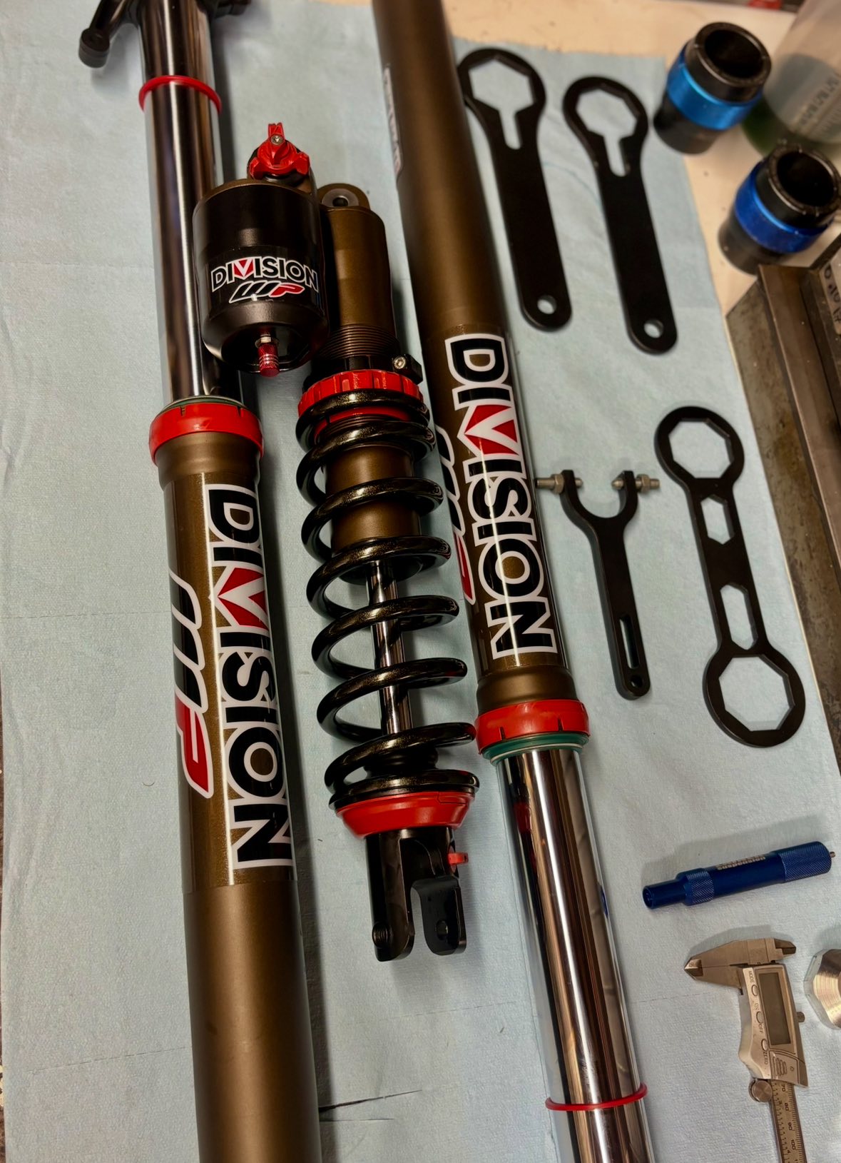 Motorcycle forks disassembled for tuning